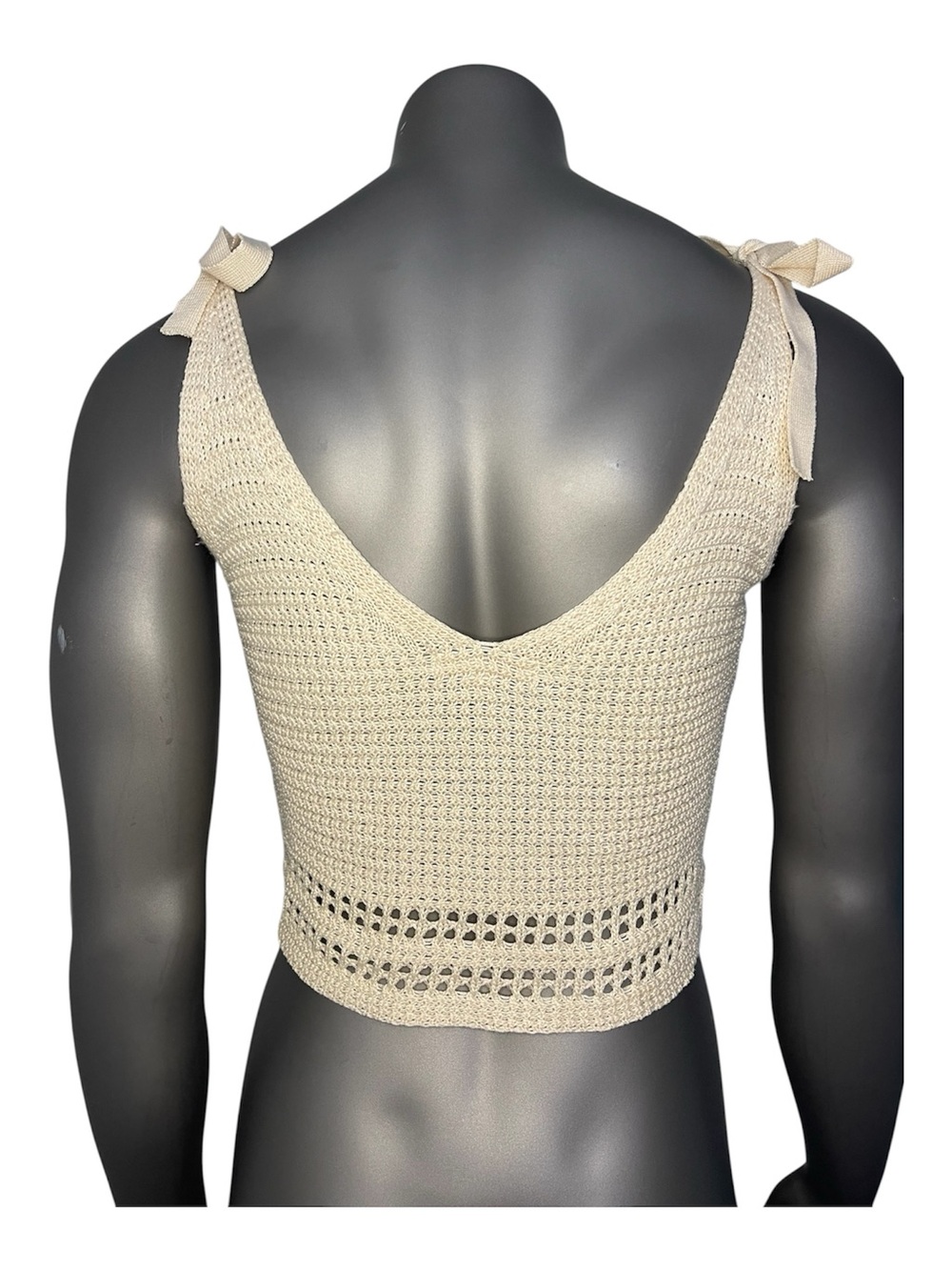 Blashe Tie-Shoulder Crochet Button-Front Tank Top Cream Viscose Neutral Sexy - Picture 2 of 10
